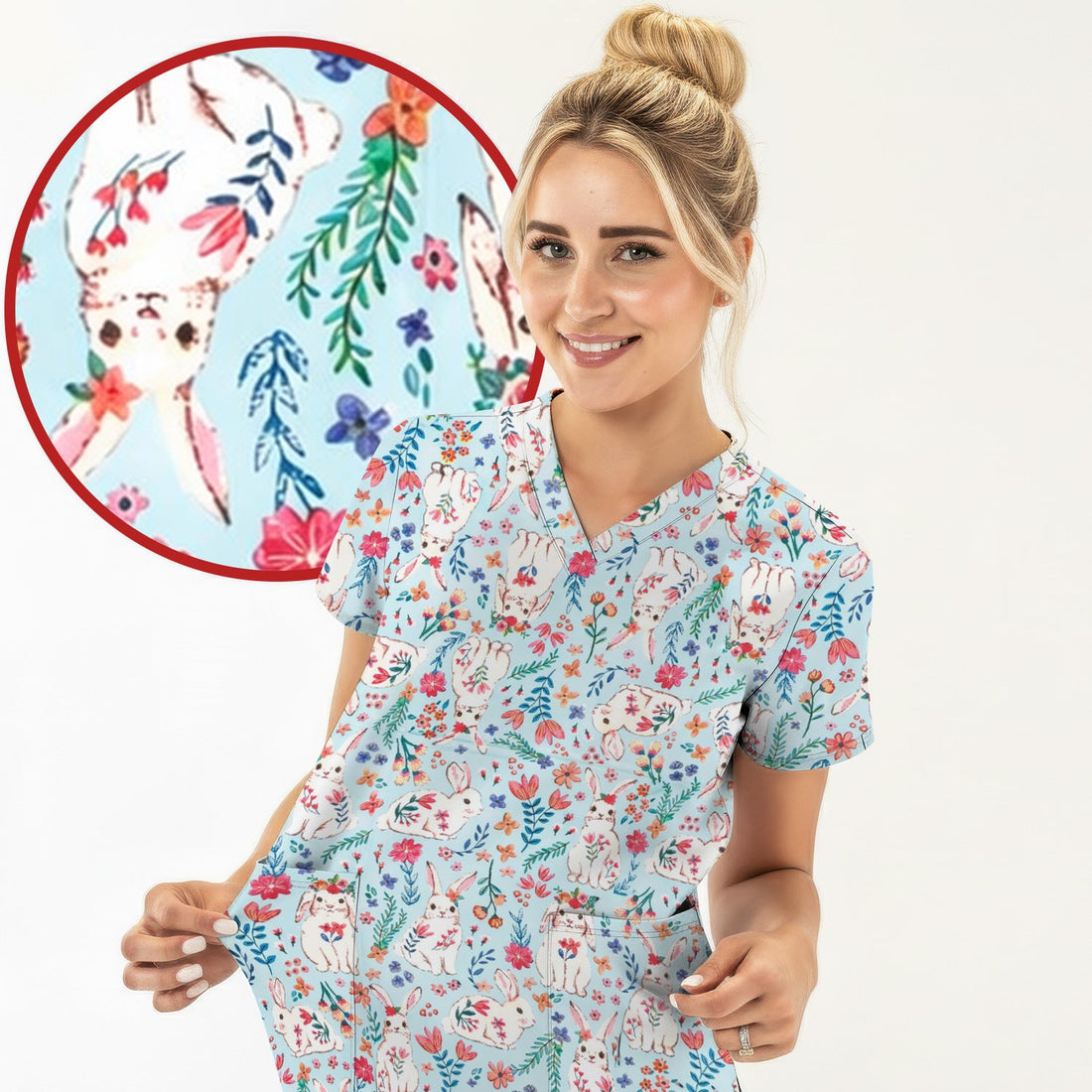 Springtime Bunny Floral Nurse Scrub Top