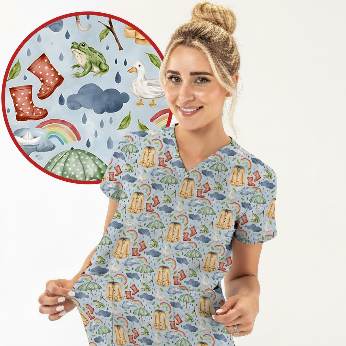 Rainy Day Ducks & Frog Nurse Scrub Top