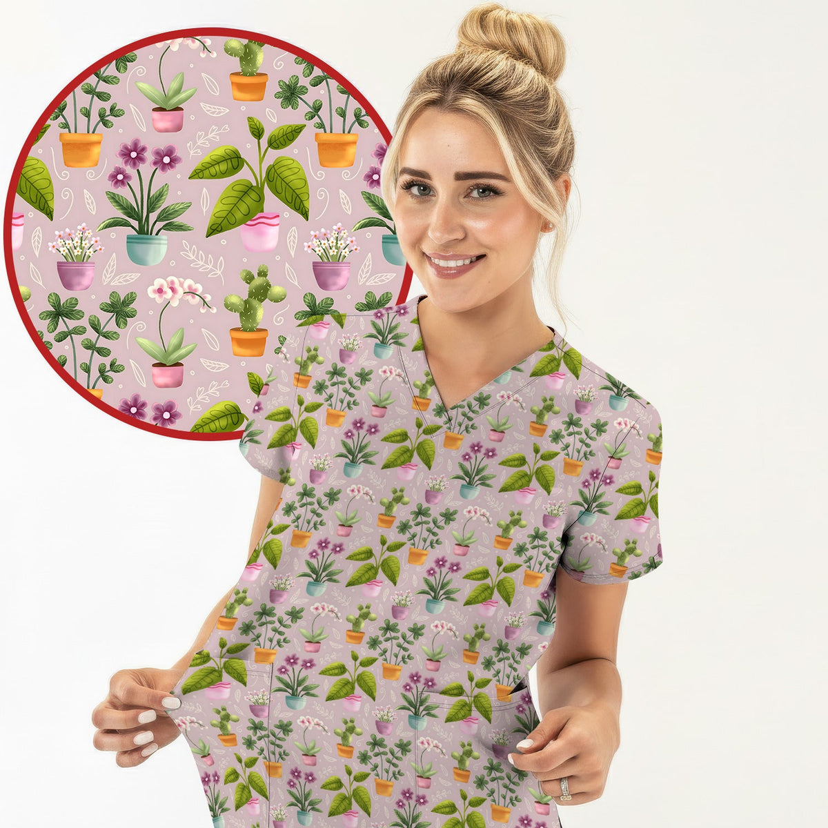 Potted Orchid Cactus Nurse Scrub Top