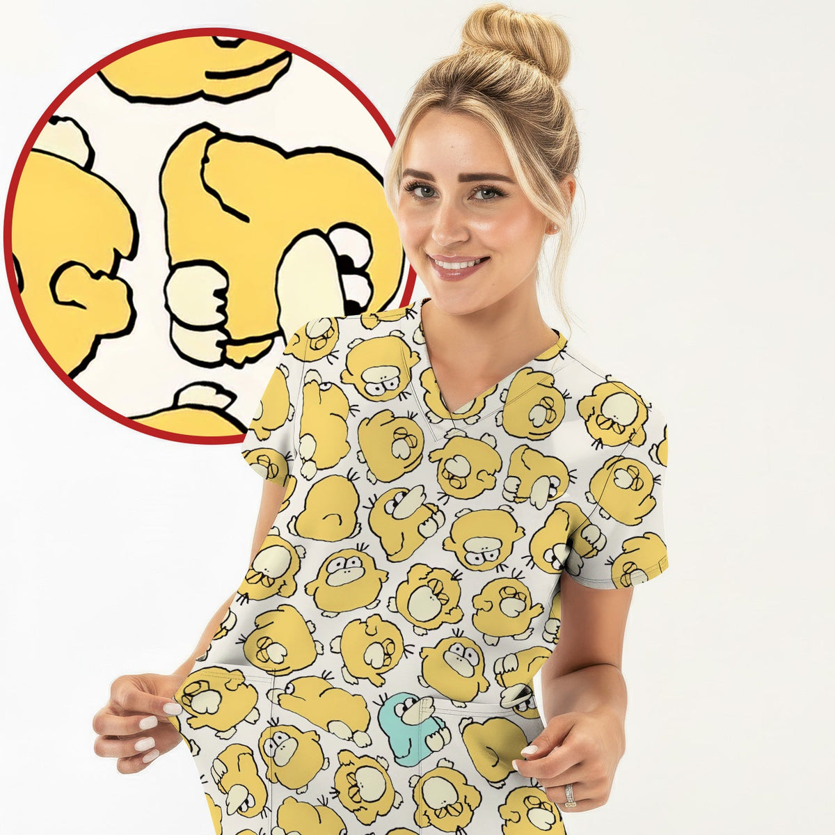 Yellow Cartoon Duck Nurse Scrub Top