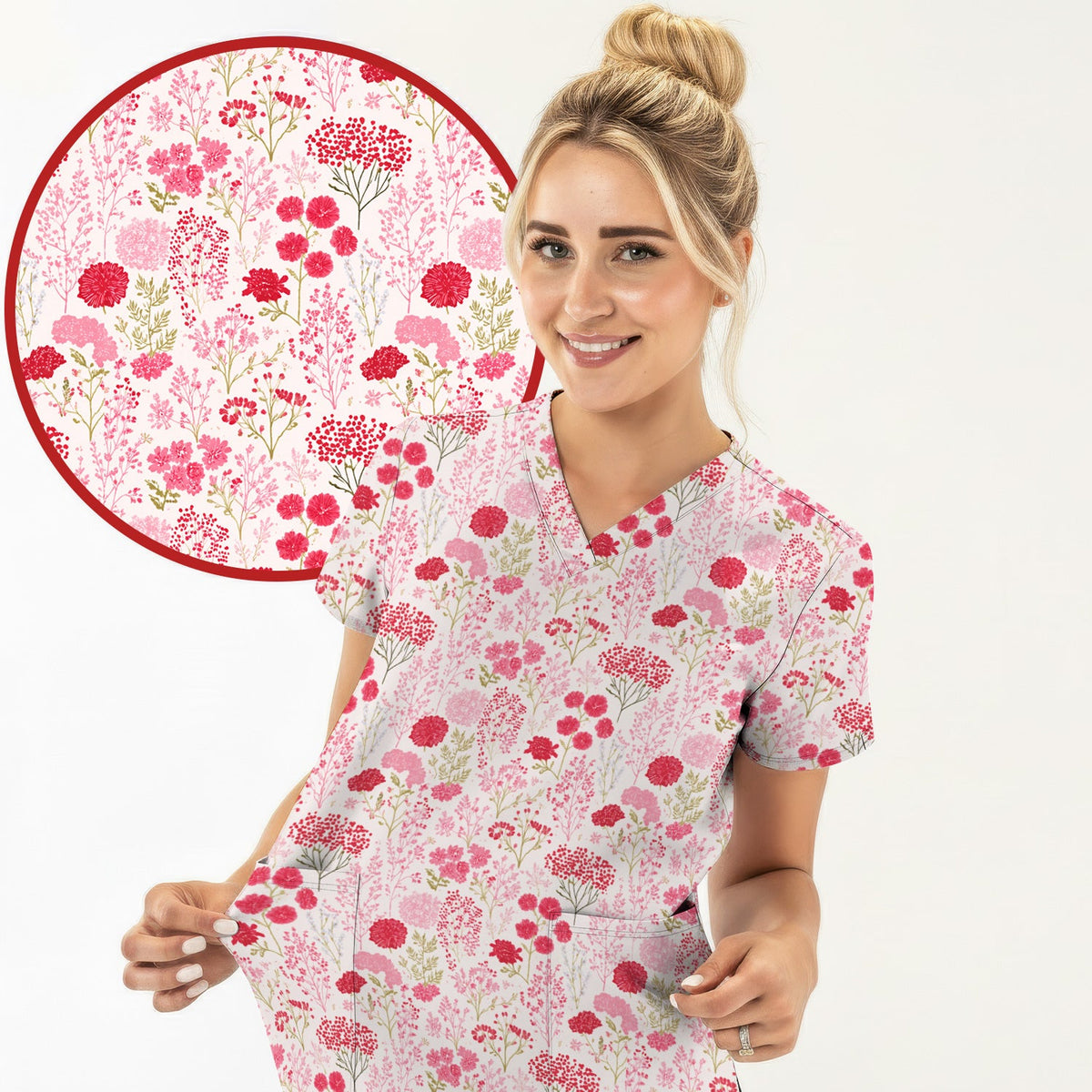 Pink Floral Allover Nurse Scrub Top