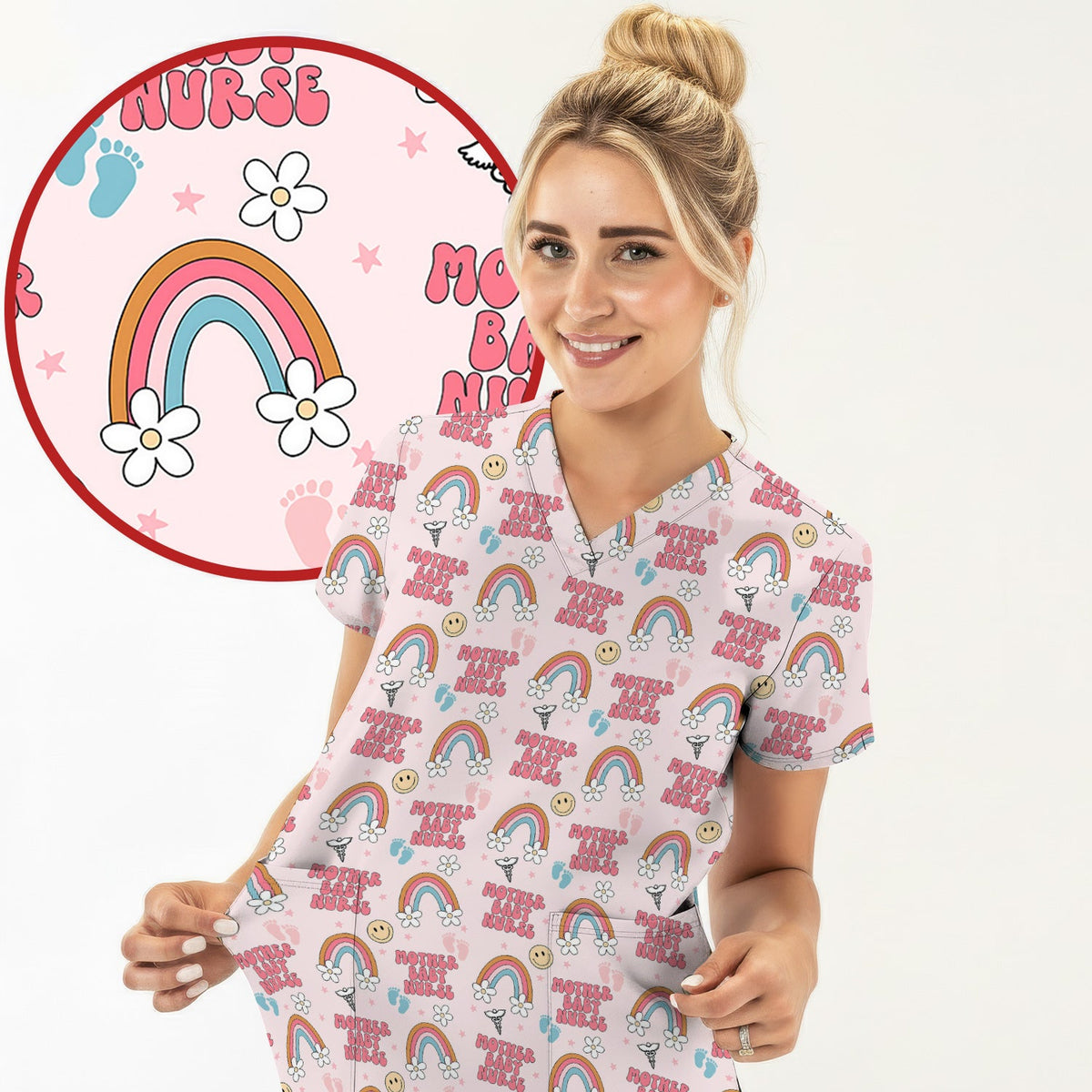 Sweet Mother Baby Nurse Rainbow Scrub Top