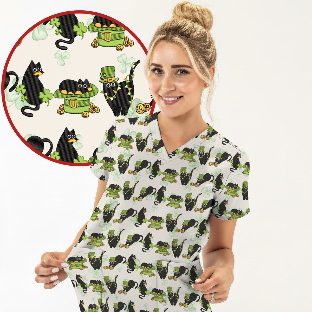 St Patrick Black Cat Clover Nurse Scrub Set