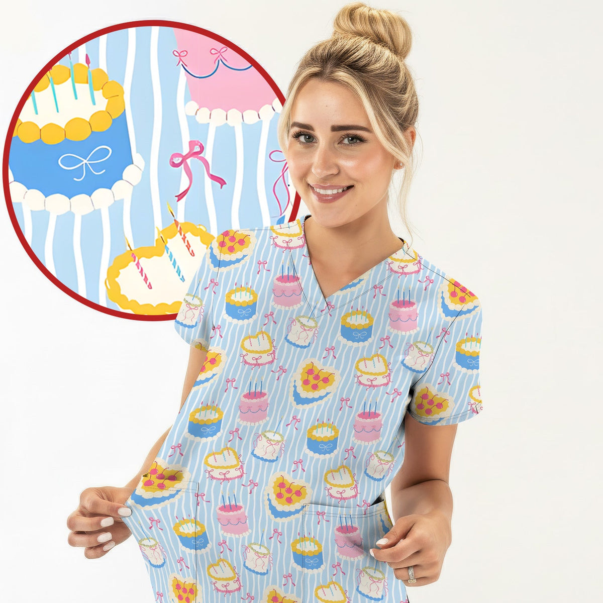 Coquette Cake Bow Stripe Nurse Scrub Top