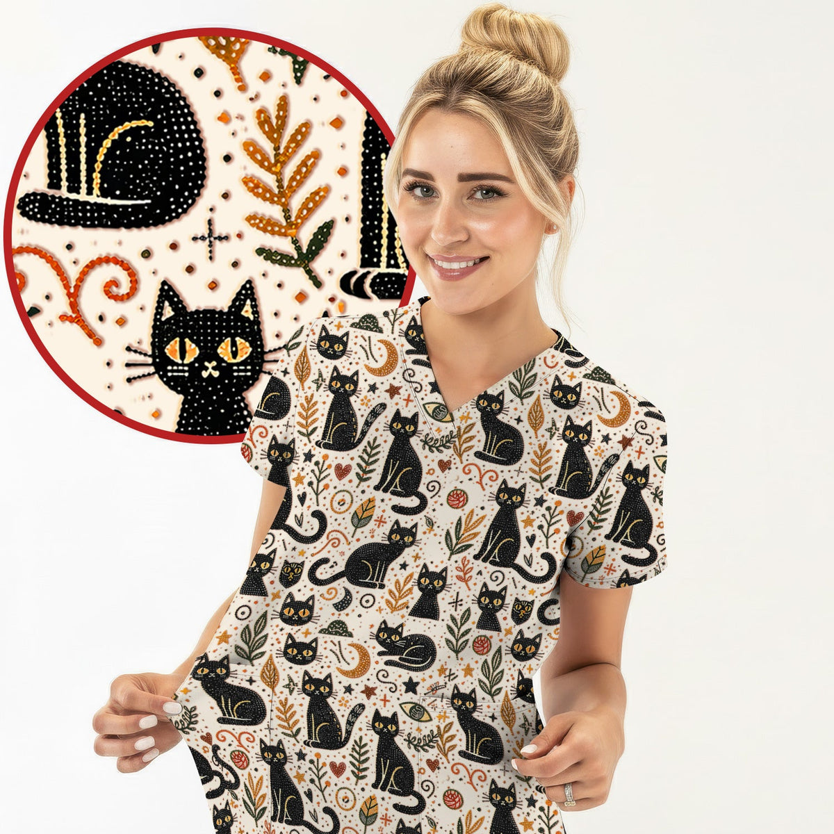 Mystic Black Cat Celestial Doodle Pattern Scrub Top, Comfortable Scrubs for Nurses