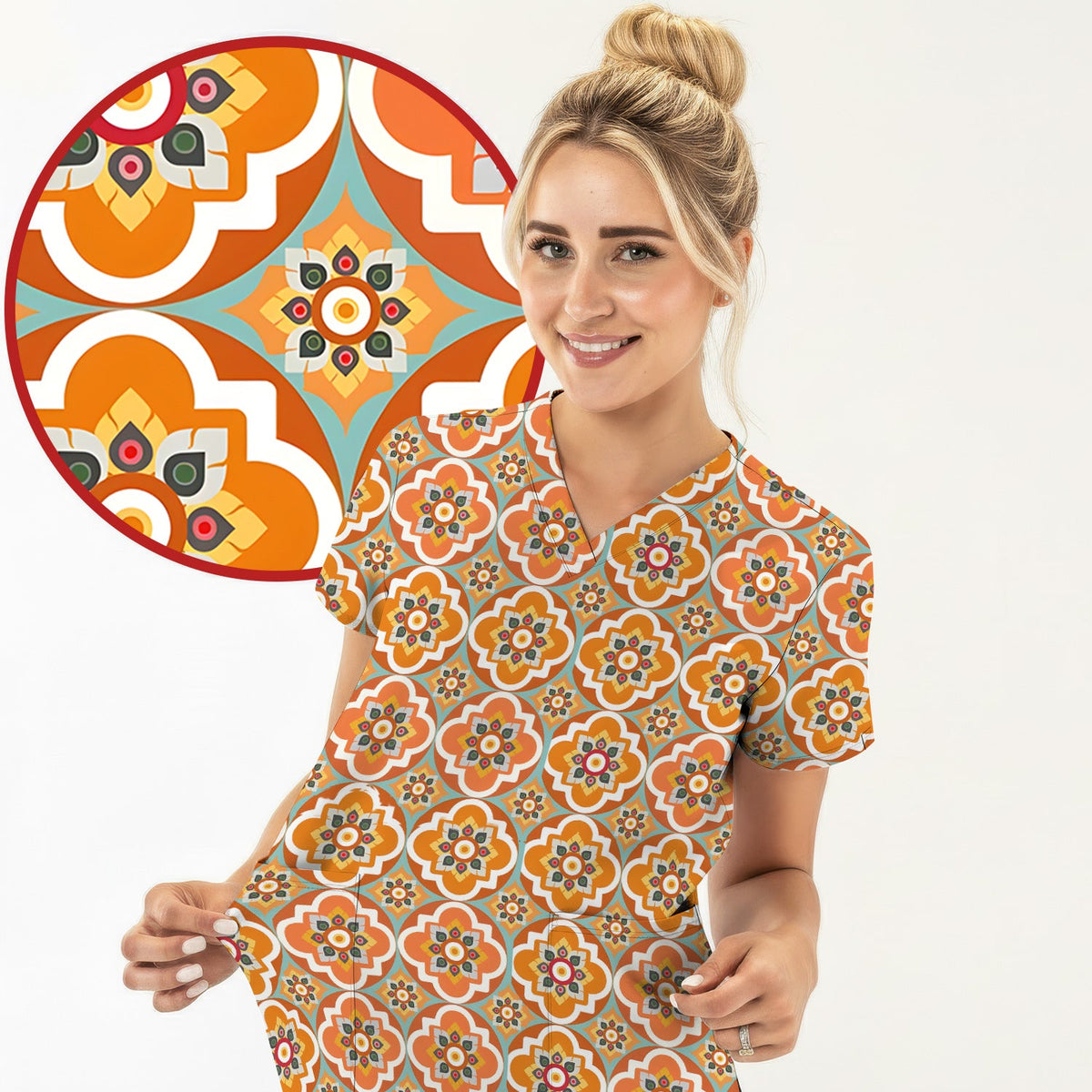 Orange Retro Geometric Floral Nurse Scrub Top