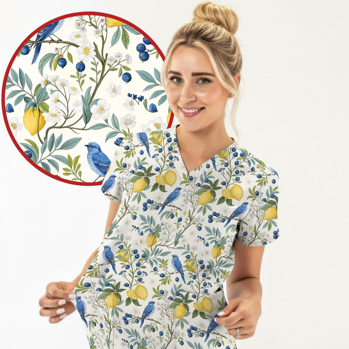 Cute Bluebird Lemon Berry Nurse Scrub Top