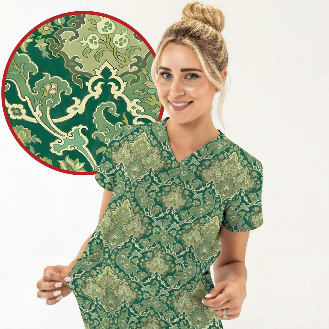 Green Vintage Damask Ornamental Nurse Scrub Top