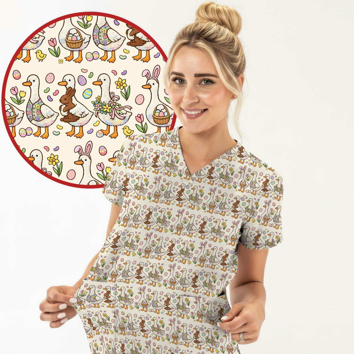 Duck Bunny Egg Floral Nurse Scrub Top - Easter Gift