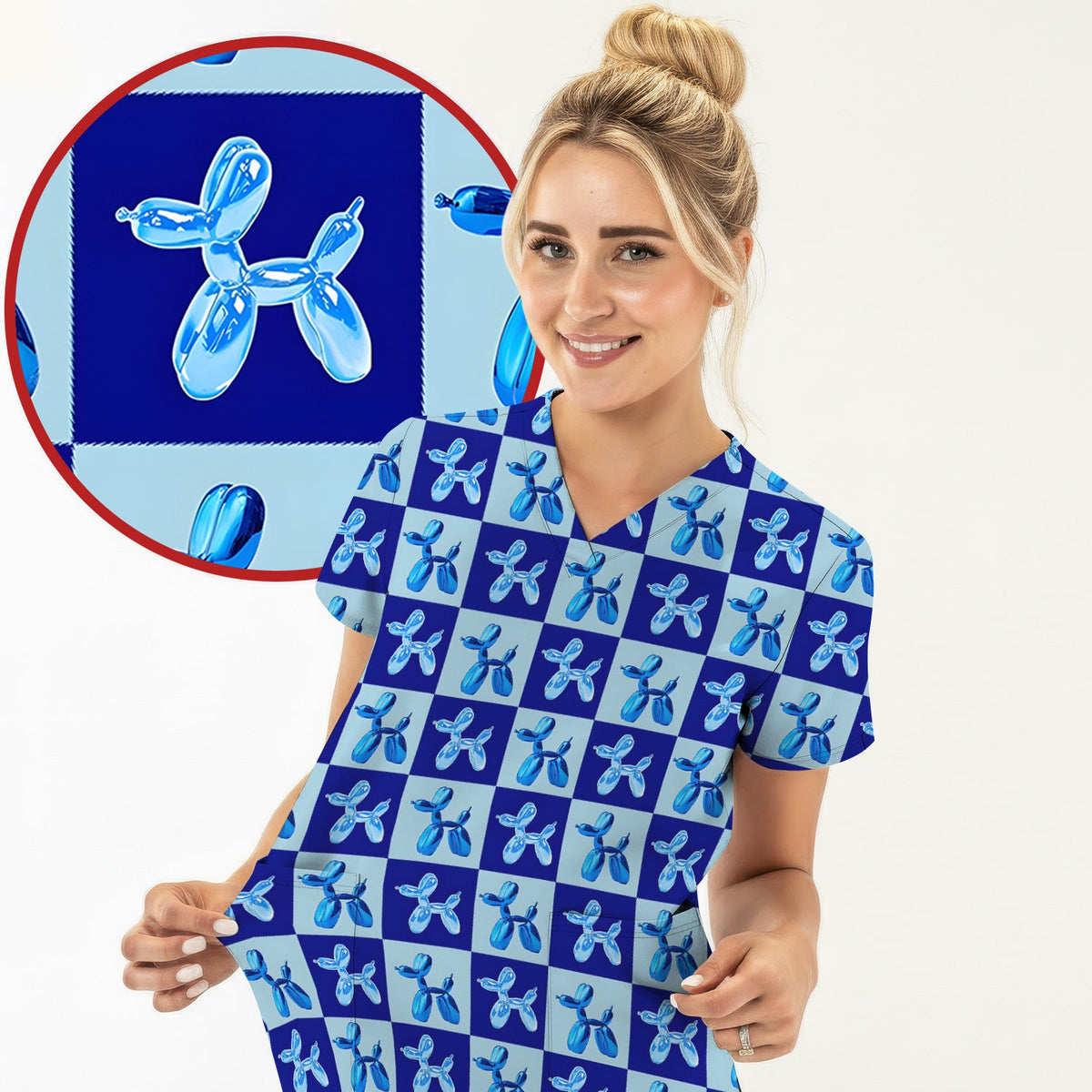 Cute Blue Balloon Dog Checkered Nurse Scrub Top