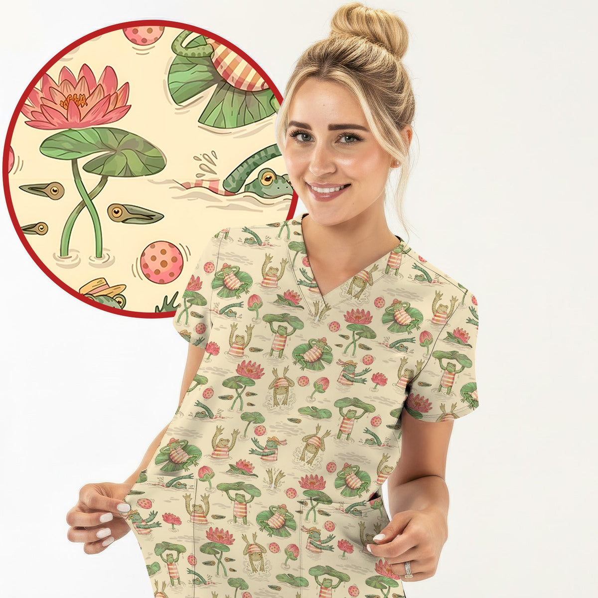 Frogs Swimming Lily Pond Nurse Scrub Top
