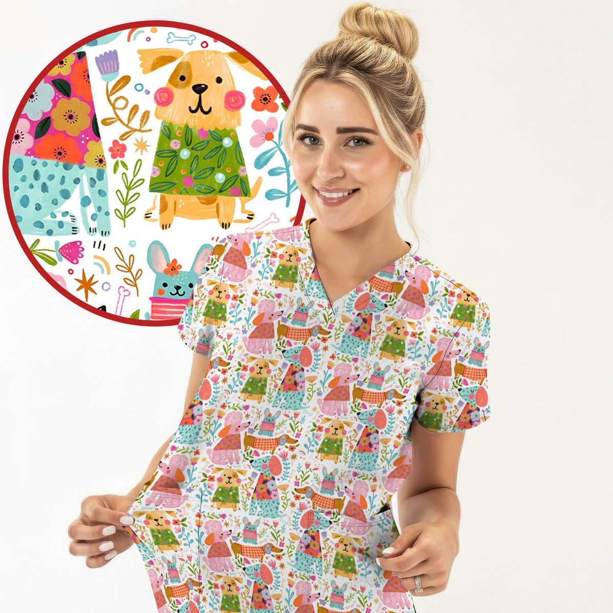 Colorful Dog Floral Nurse Scrub Top