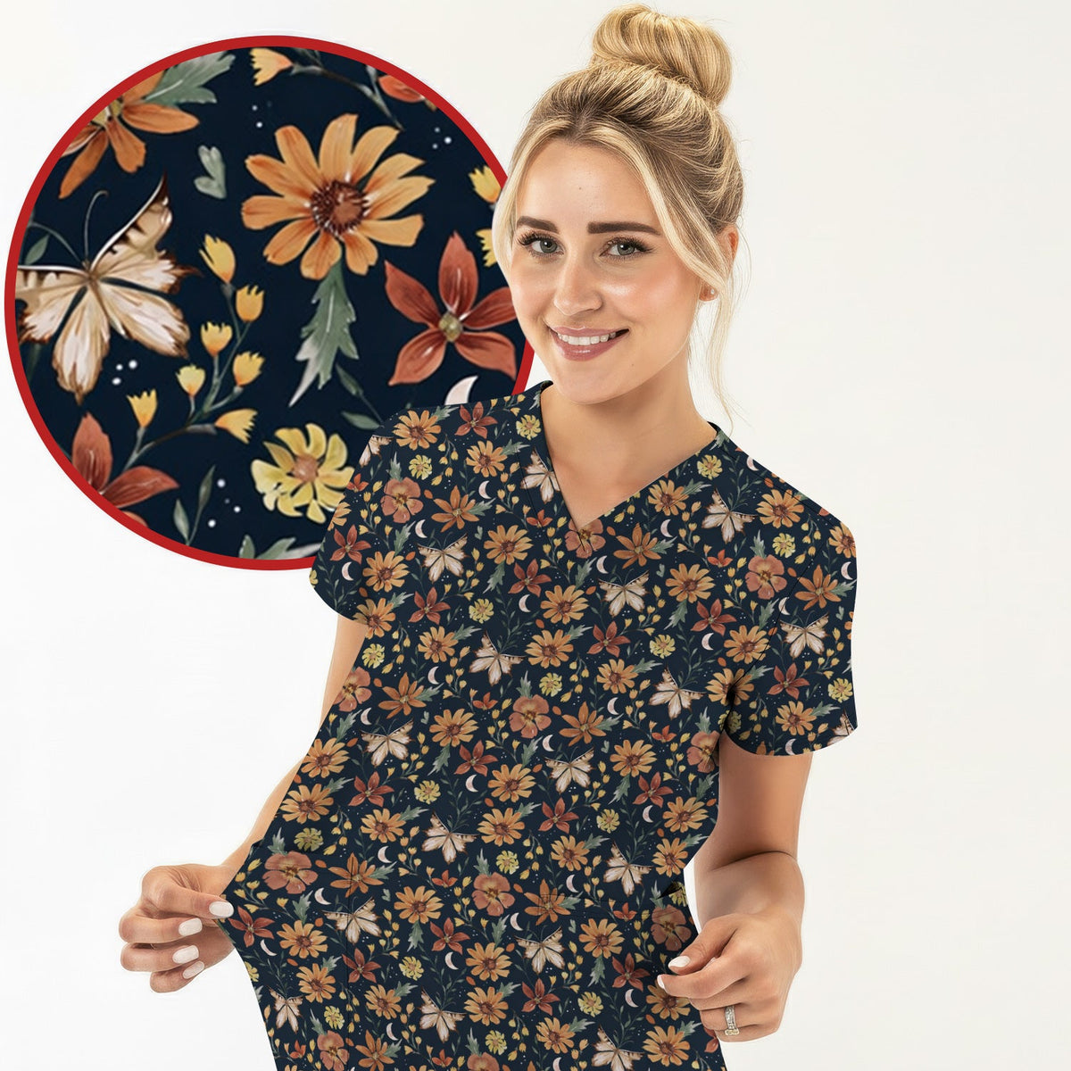 Autumn Floral Butterfly Moon Nurse Scrub Top