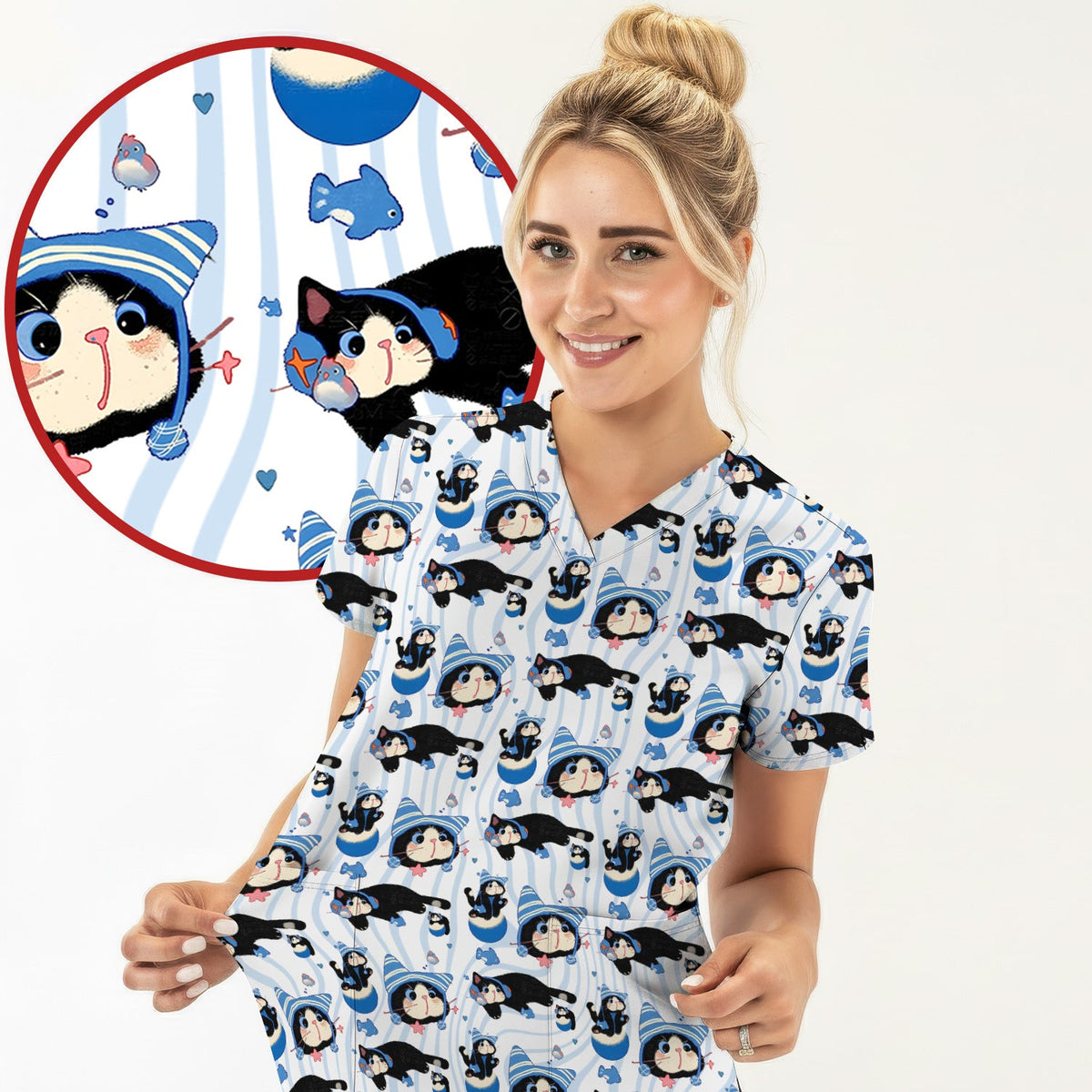 Kitten Fish Nurse Scrub Top