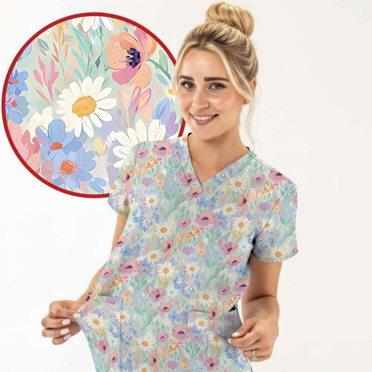 Pastel Wildflower Meadow Floral Nurse Scrub Top