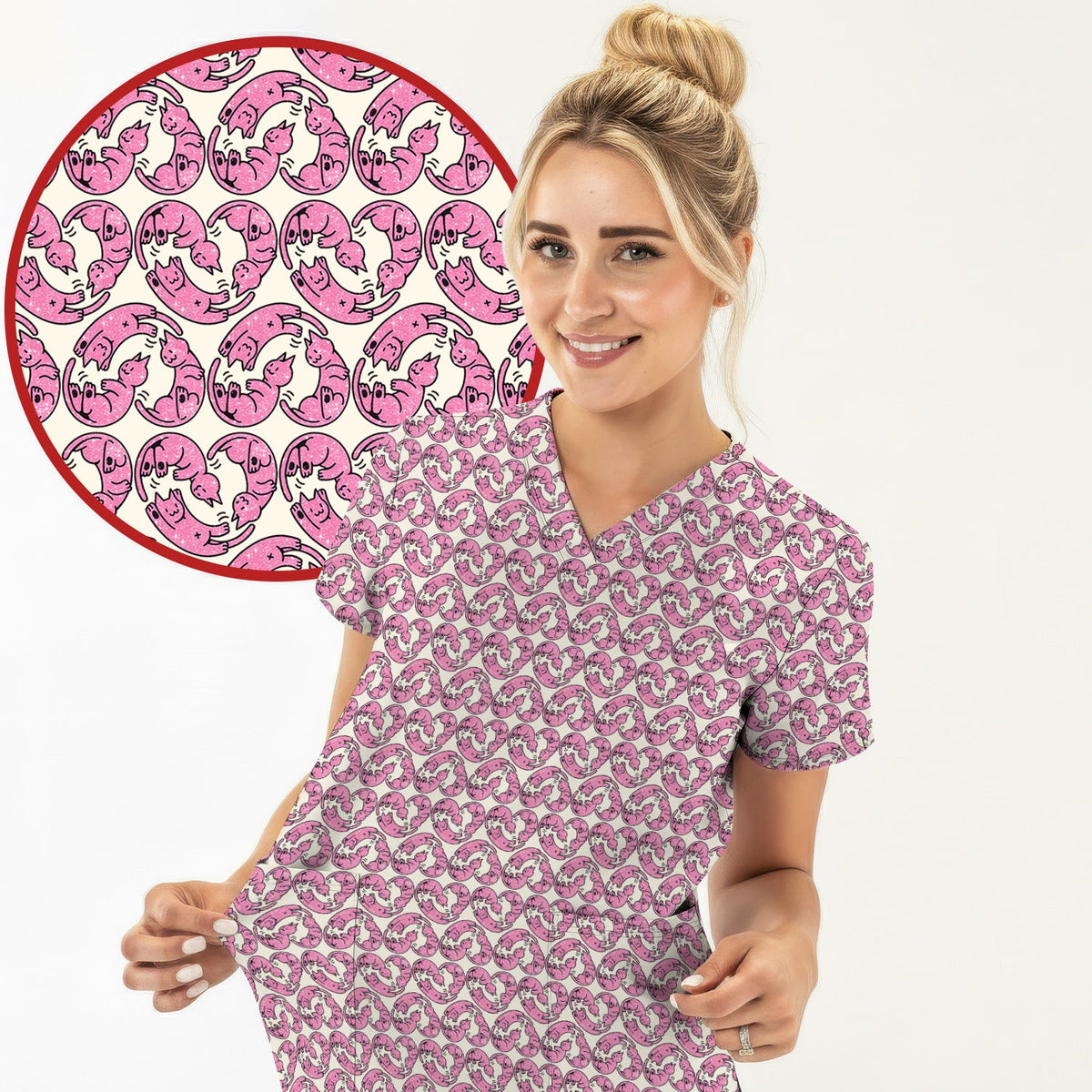 Pink Cat Cartoon Nurse Scrub Set