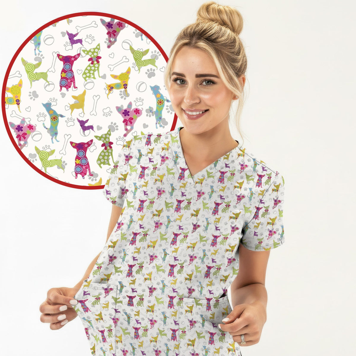 Colorful Playful Dog Nurse Scrub Set