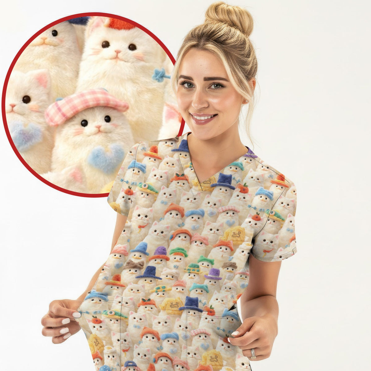 Adorable Cats Wearing Colorful Hats Nurse Scrub Top