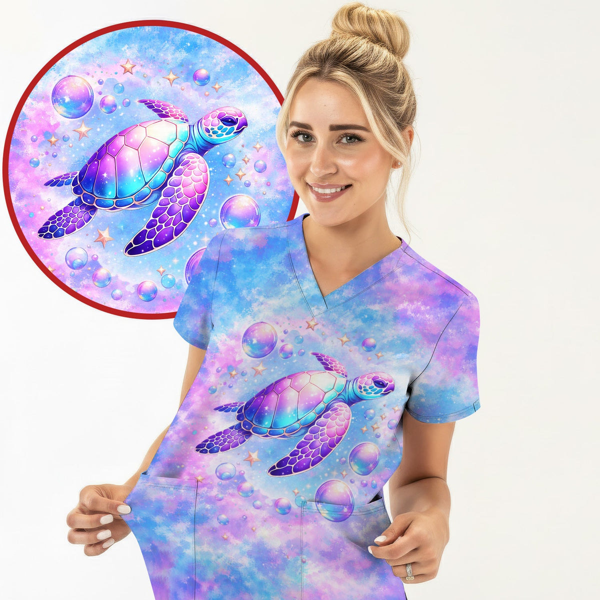 Pastel Galaxy Sea Turtle Bubble Nurse Scrub Top