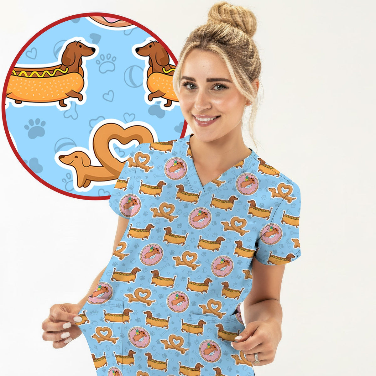 Dachshund Donut Heart Nurse Scrub Top