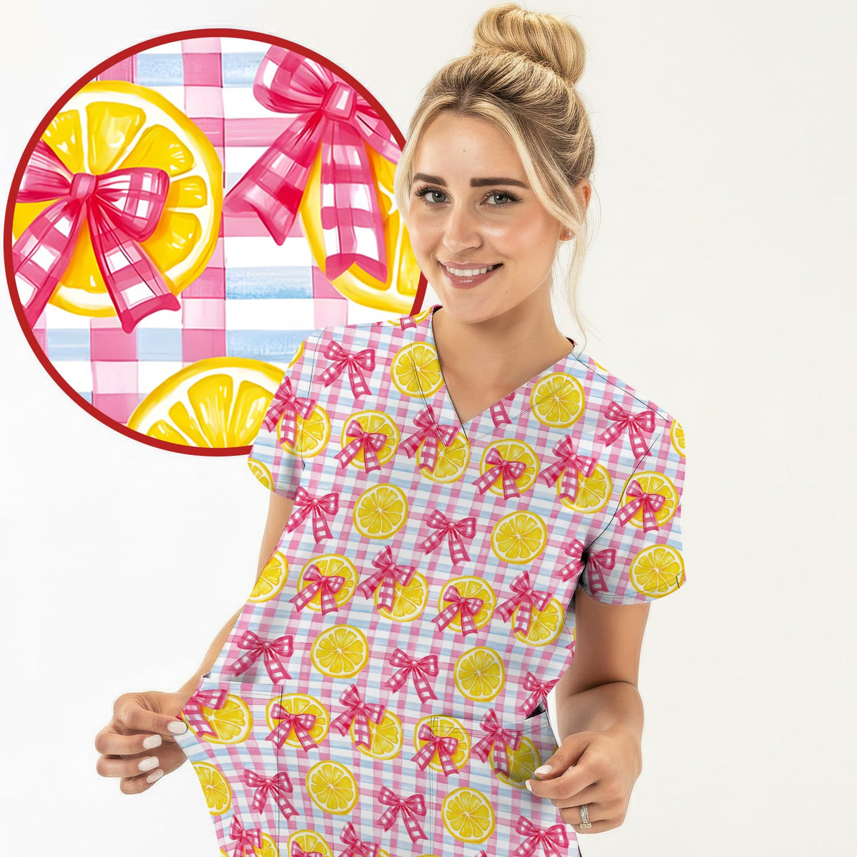Lemon Slice Pink Bow Gingham Nurse Scrub Top