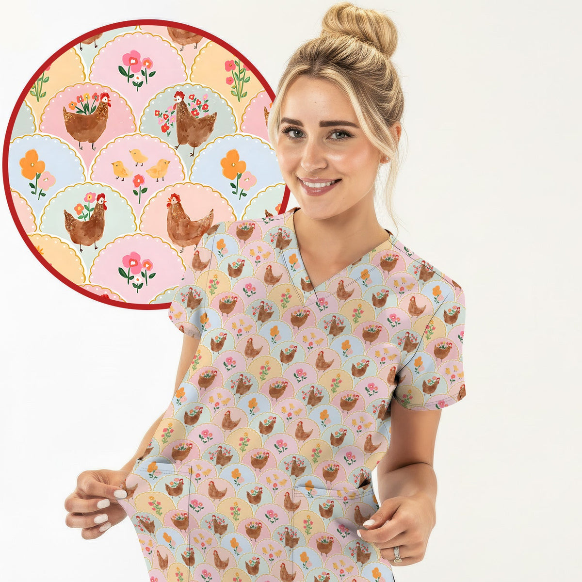 Pastel Chicken Floral Nurse Scrub Top