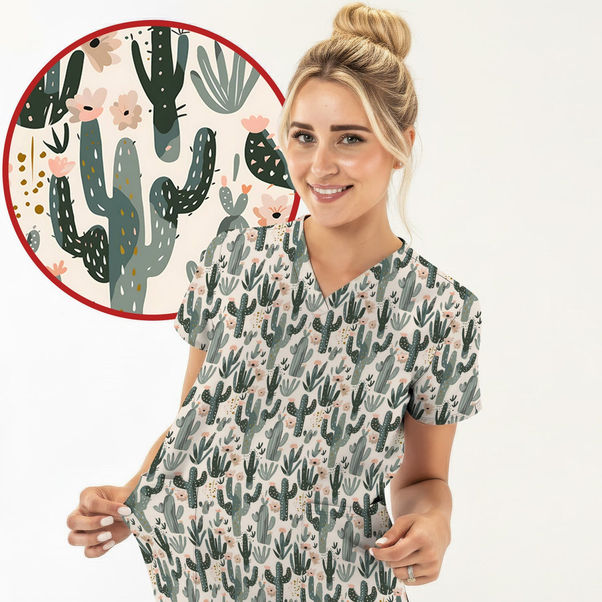 Green Cactus Desert Blossom Nurse Scrub Top