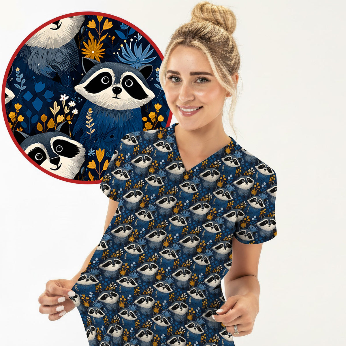 Raccoon Blue Floral Forest Nurse Scrub Top
