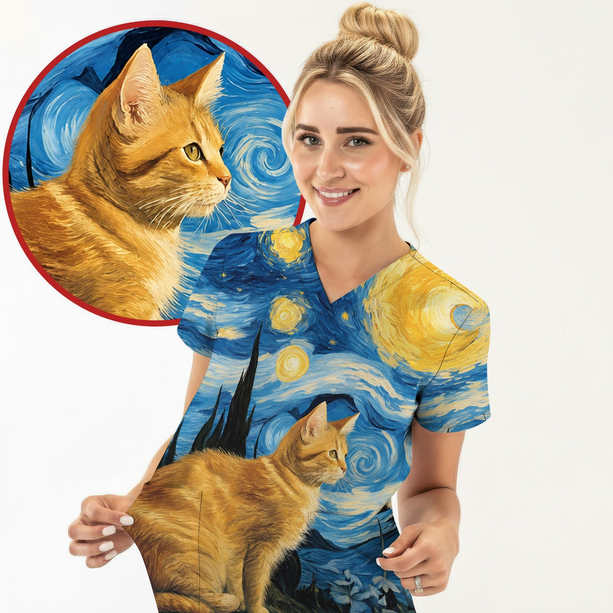 Swirling Moonlit Cat Scene Nurse Scrub Top