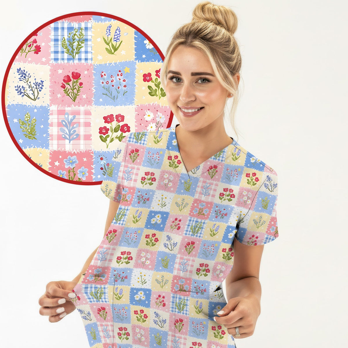 Pastel Patchwork Wildflower Garden Nurse Scrub Top