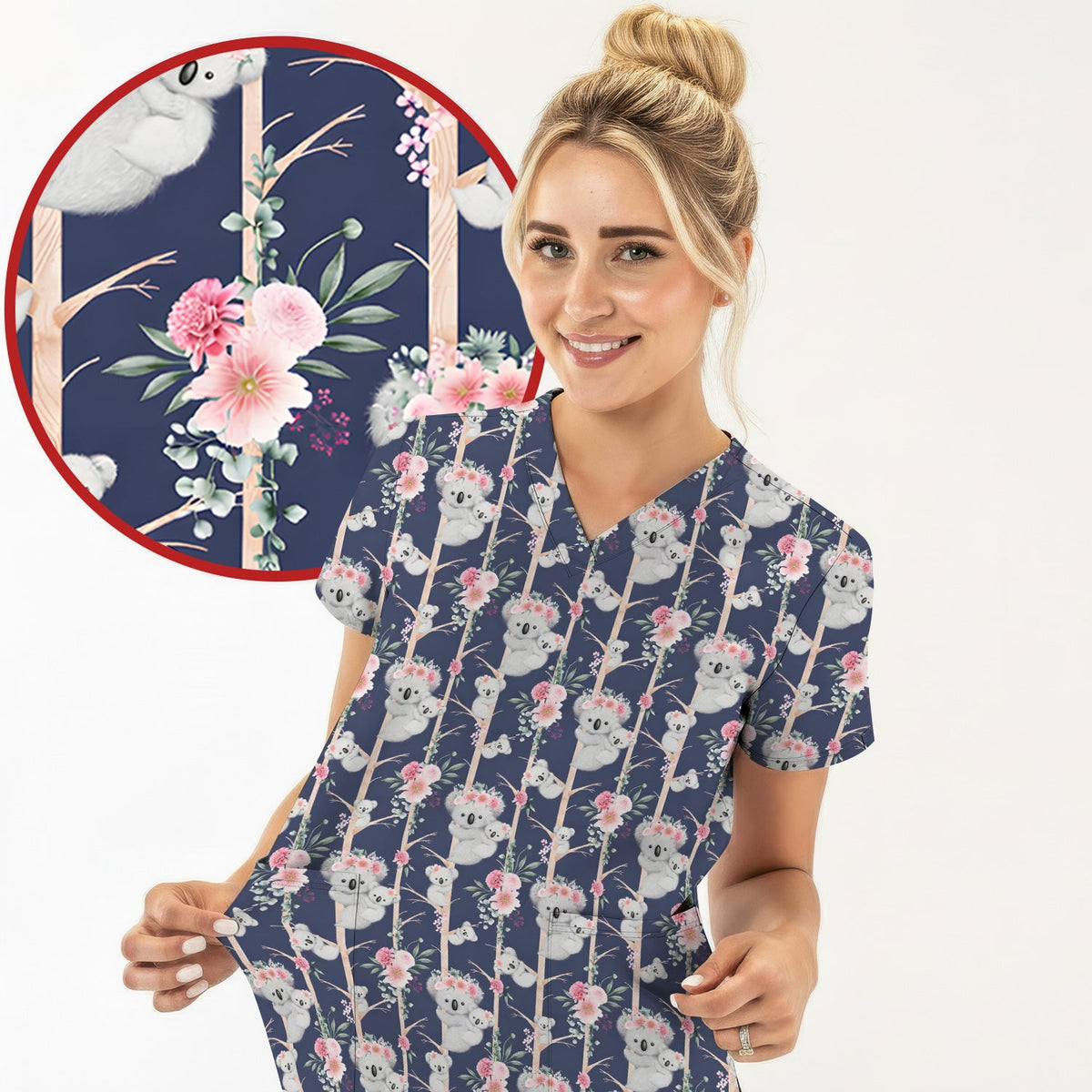 Koala Climbing Tree Blossom Nurse Scrub Top