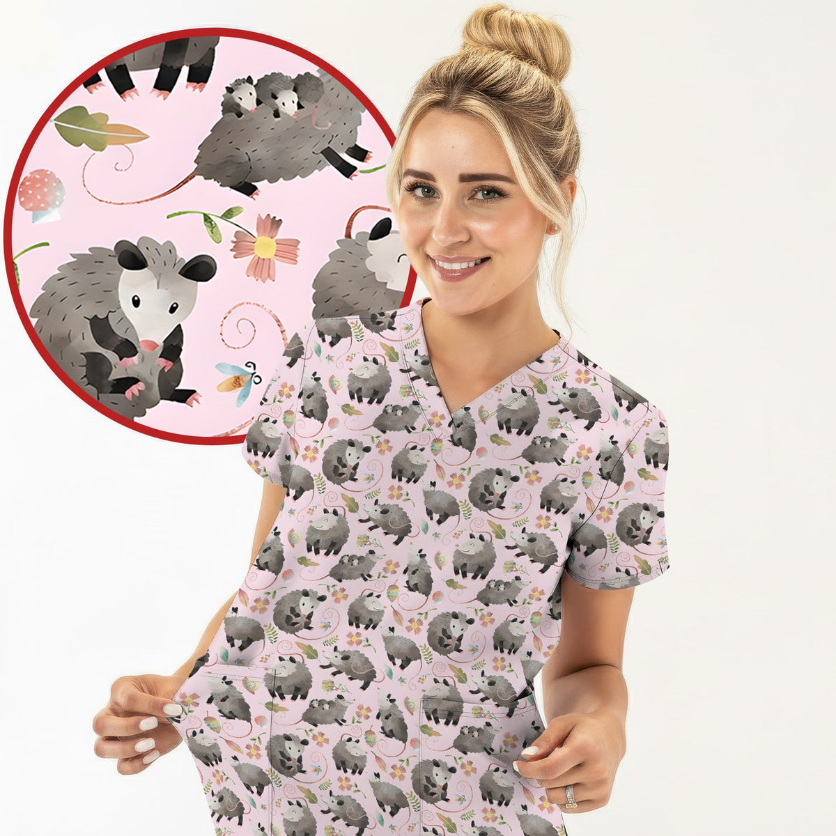Opossum Playing Flower Garden Nurse Scrub Top