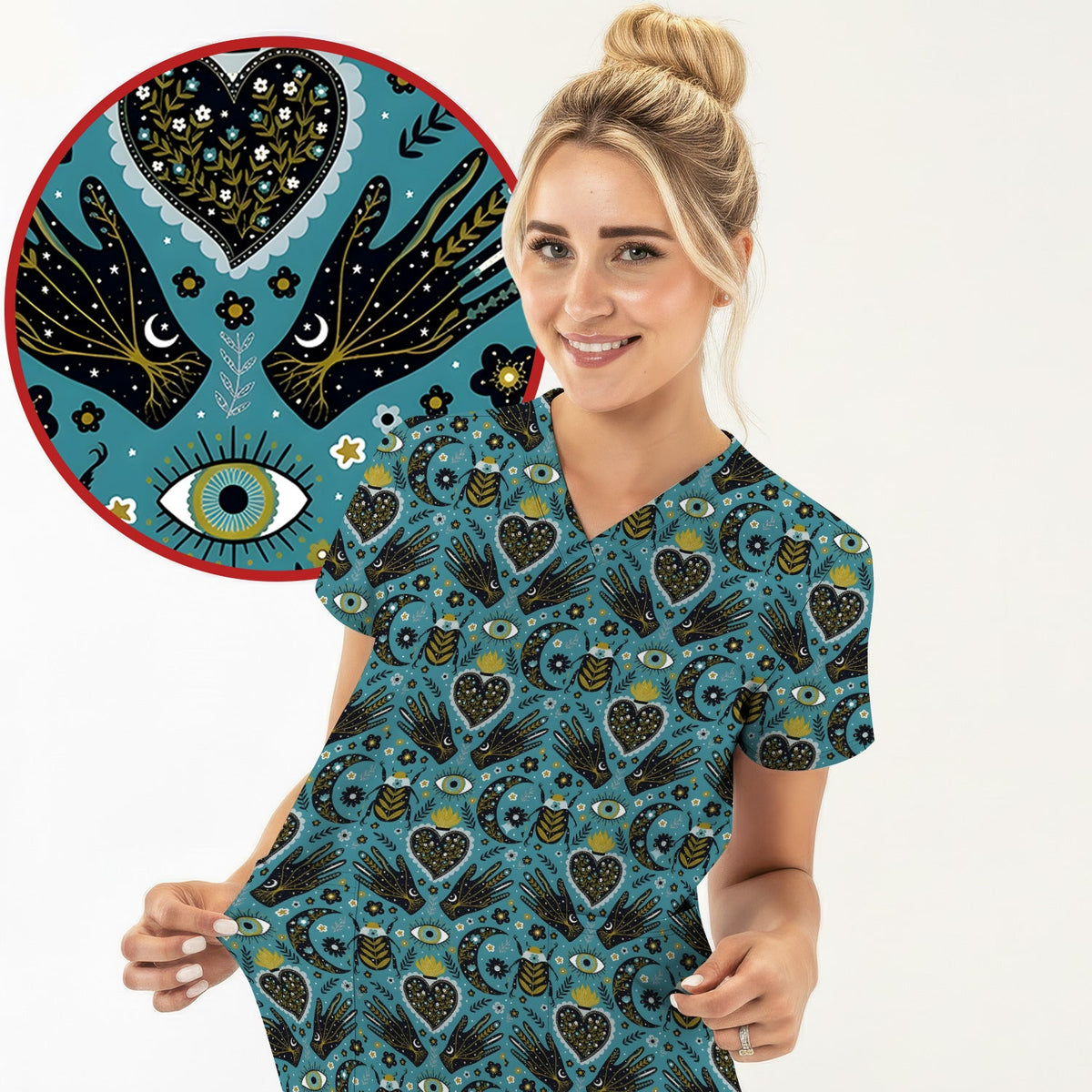 Mystic Celestial Heart Evil Eye Nurse Scrub Top