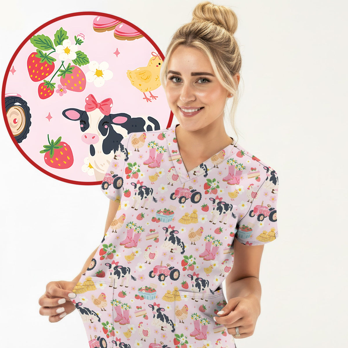 Farm Animals Strawberry Garden Nurse Scrub Top