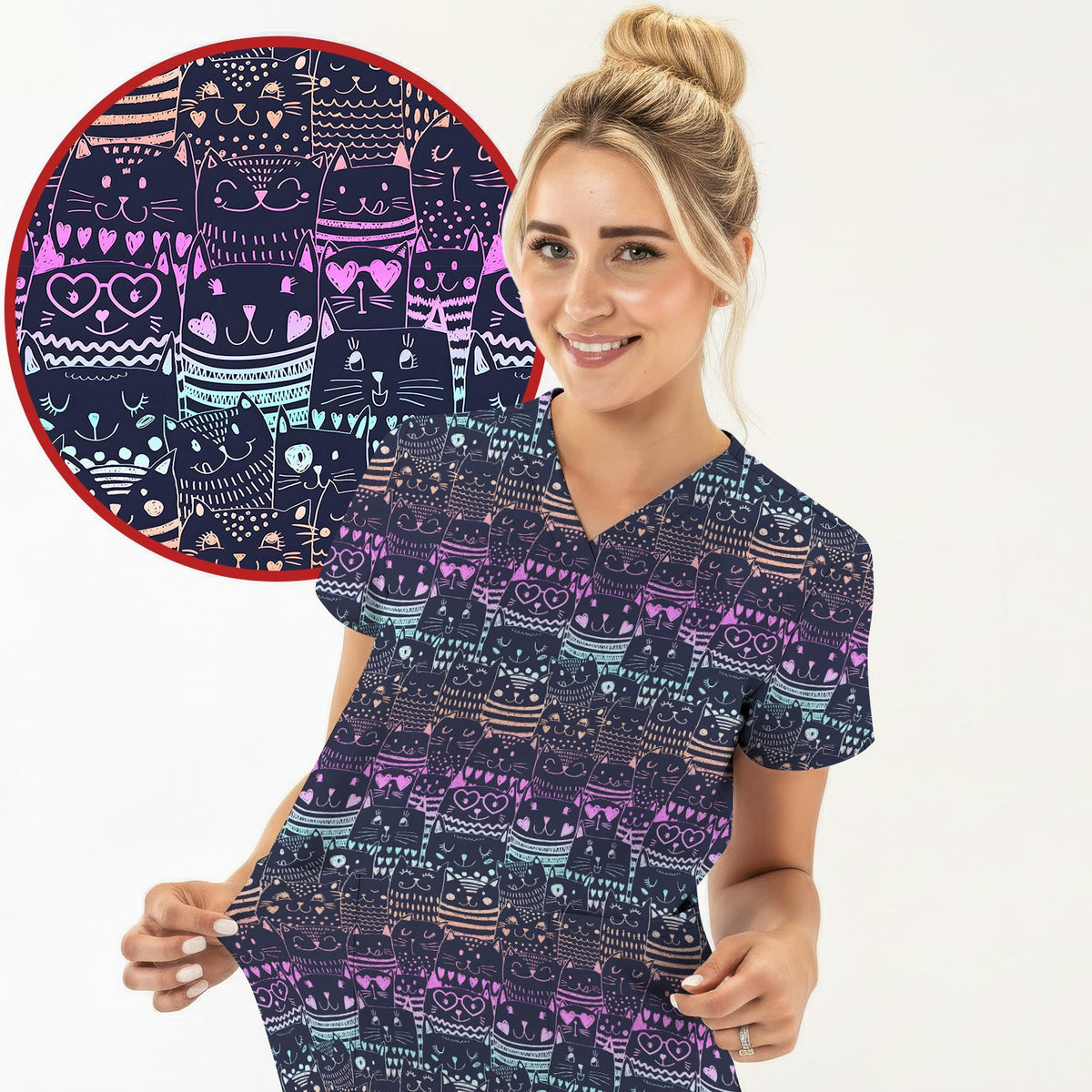 Neon Cat Faces Nurse Scrub Top