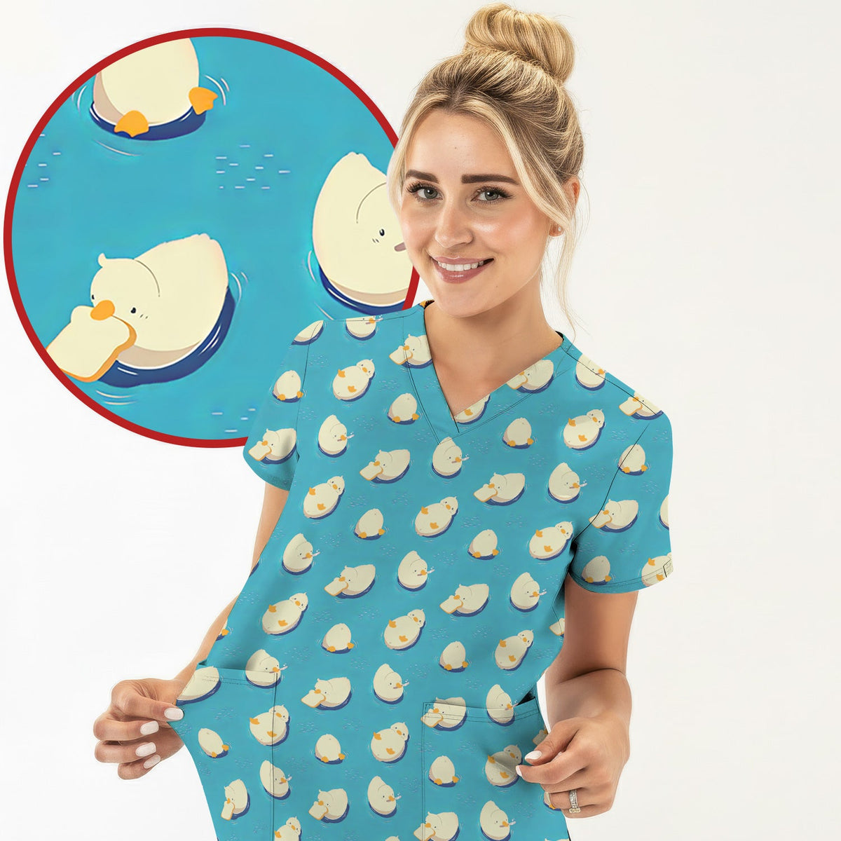Cute Blue Duck Pond Nurse Scrub Top
