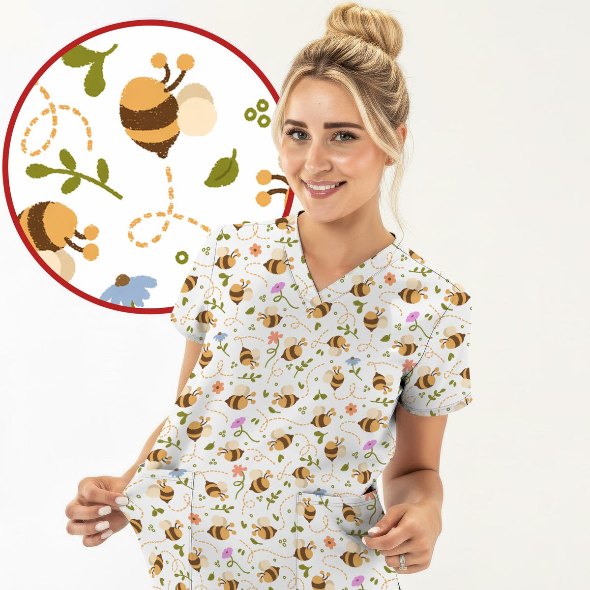 Bee Flying Floral Trail Garden Nurse Scrub Top
