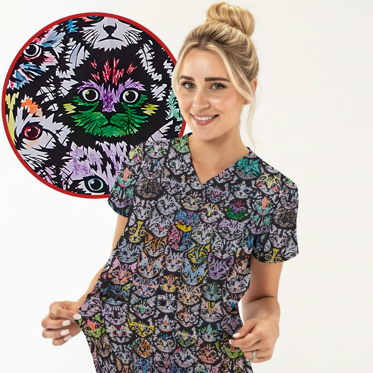 Colorful Cat Faces Nurse Scrub Top