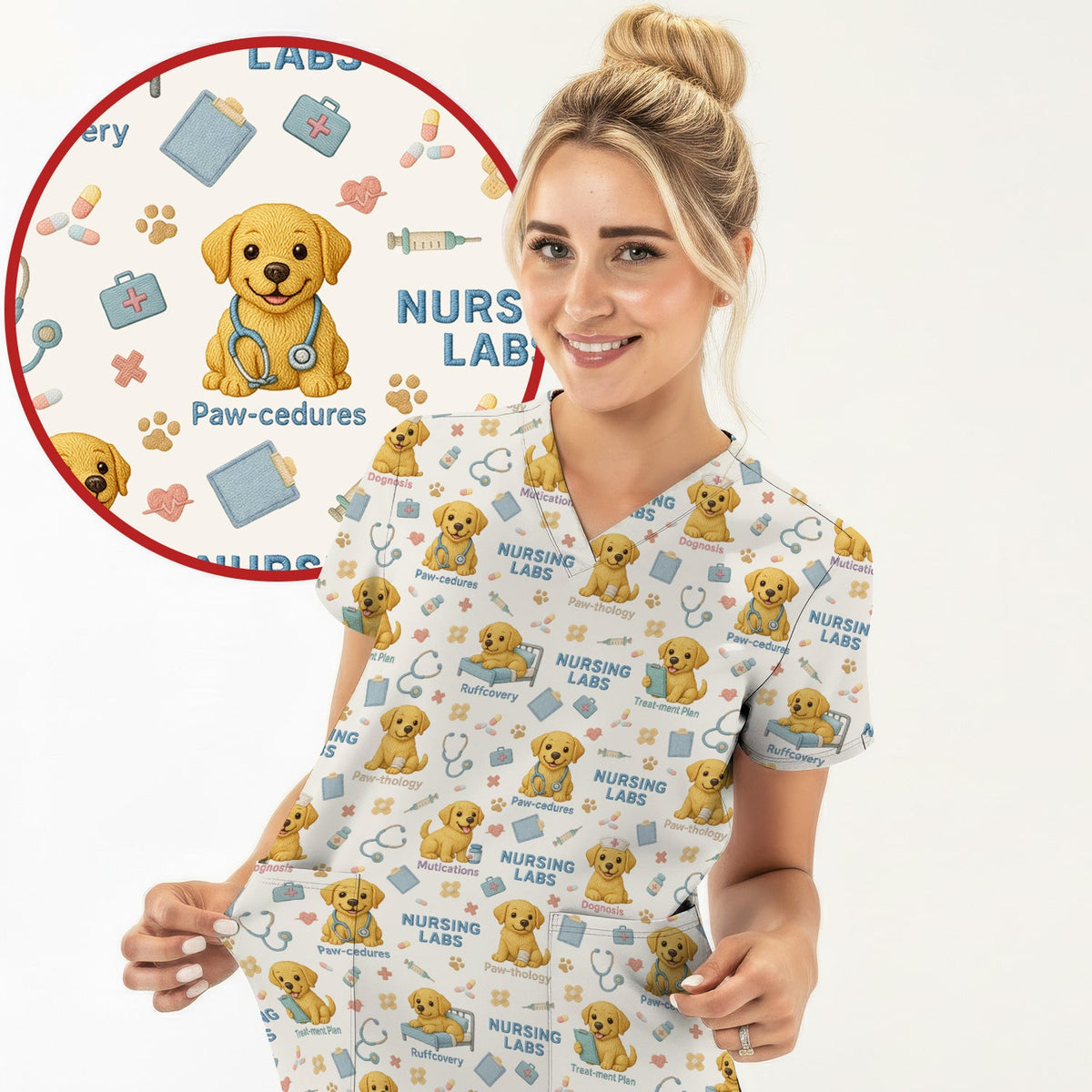 Labrador Nursing Scrub Top, Cute Dog Pattern Nurse Uniform,  Comfortable Scrubs For Nurses