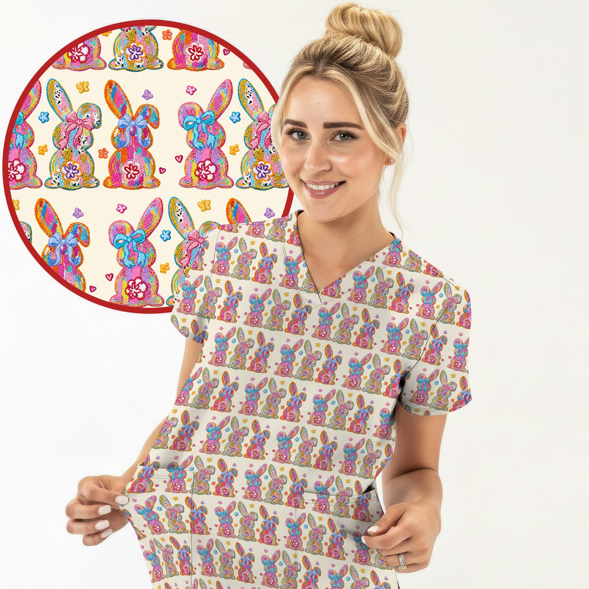 Pastel Bunny Floral Nurse Scrub Set