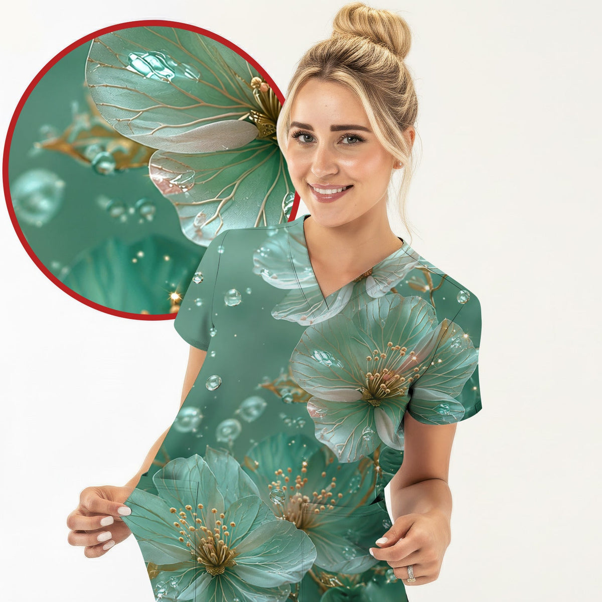 Elegant Mint Blossom Dewdrop Nurse Scrub Top