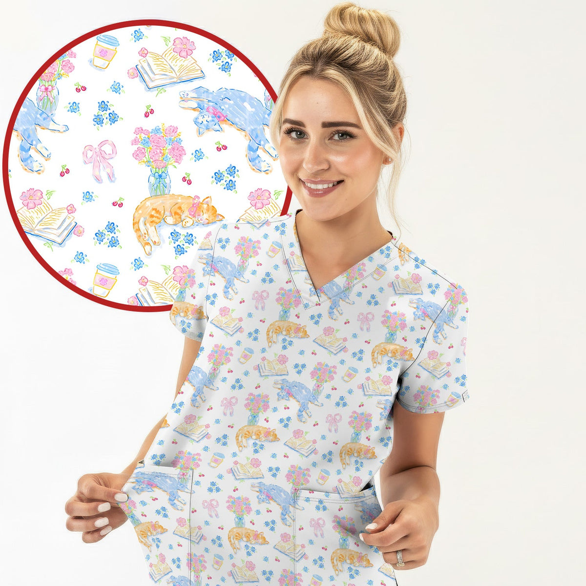 Cats Reading Floral Books Nurse Scrub Top