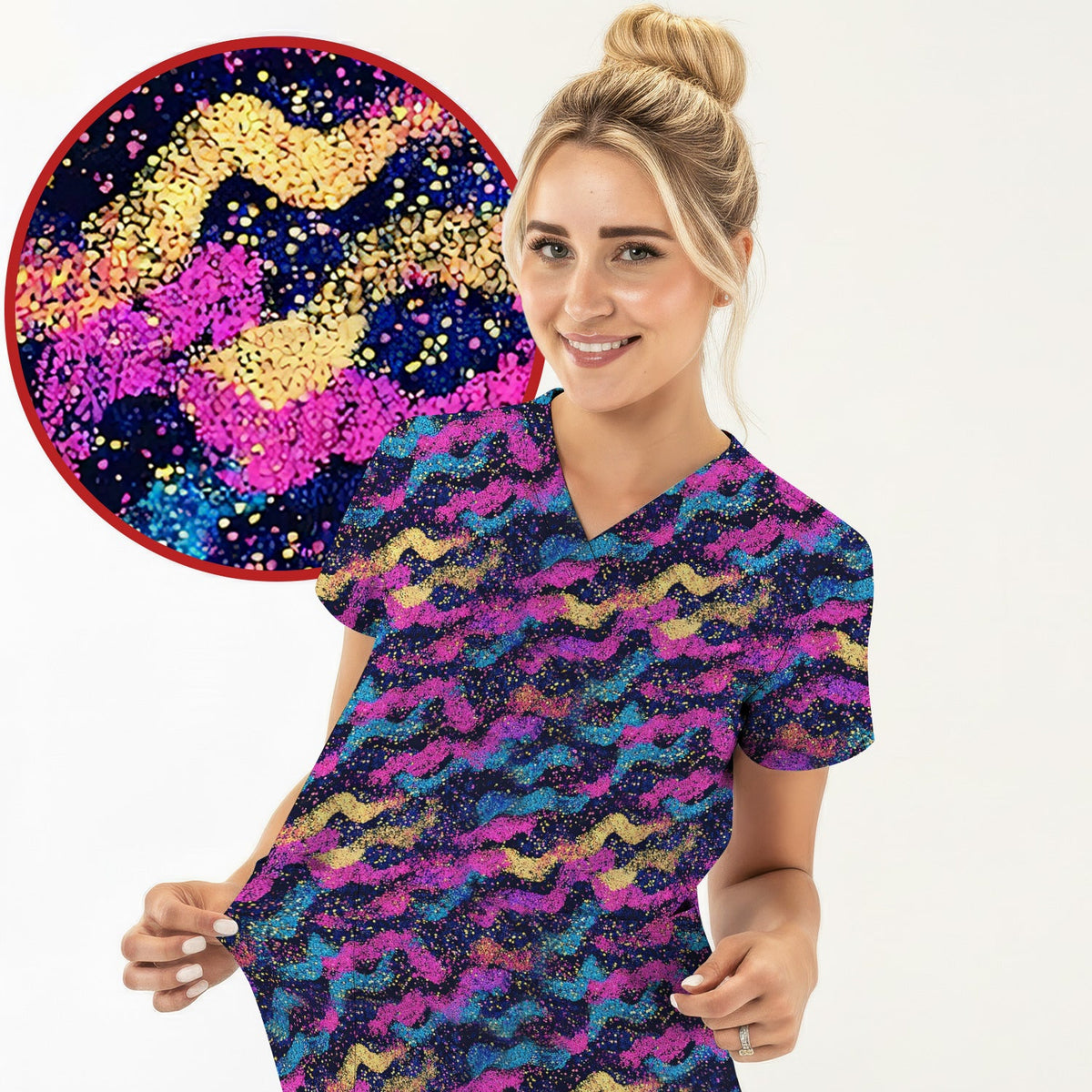 Neon Glitter Galaxy Nurse Scrub Top