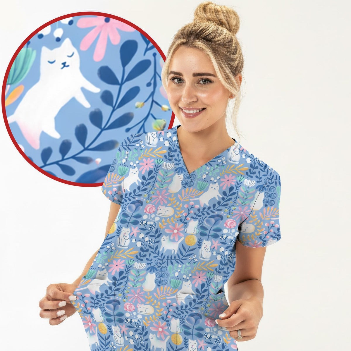 Whimsical Cat Floral Nurse Scrub Top