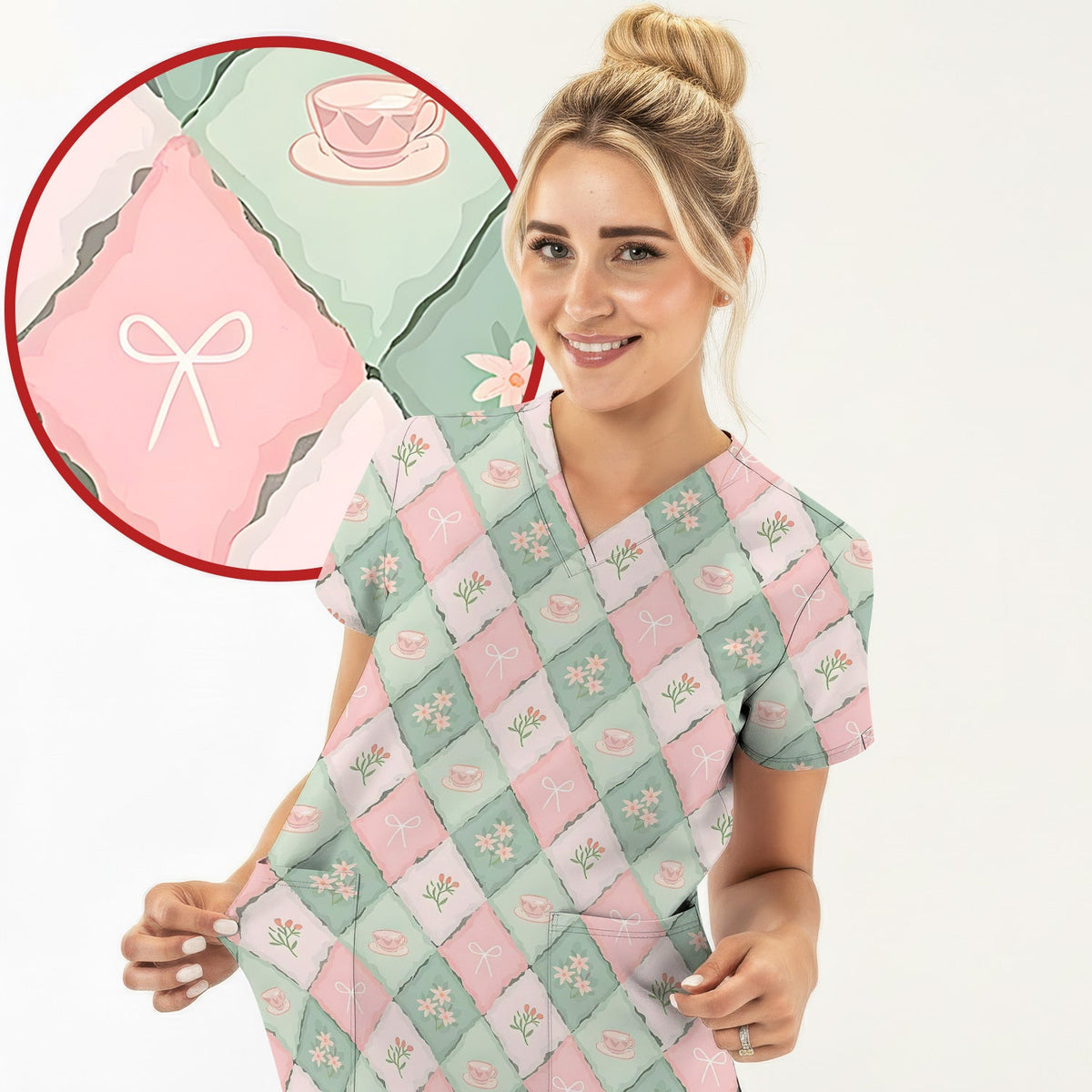 Flowers Tea Cups Nurse Scrub Top