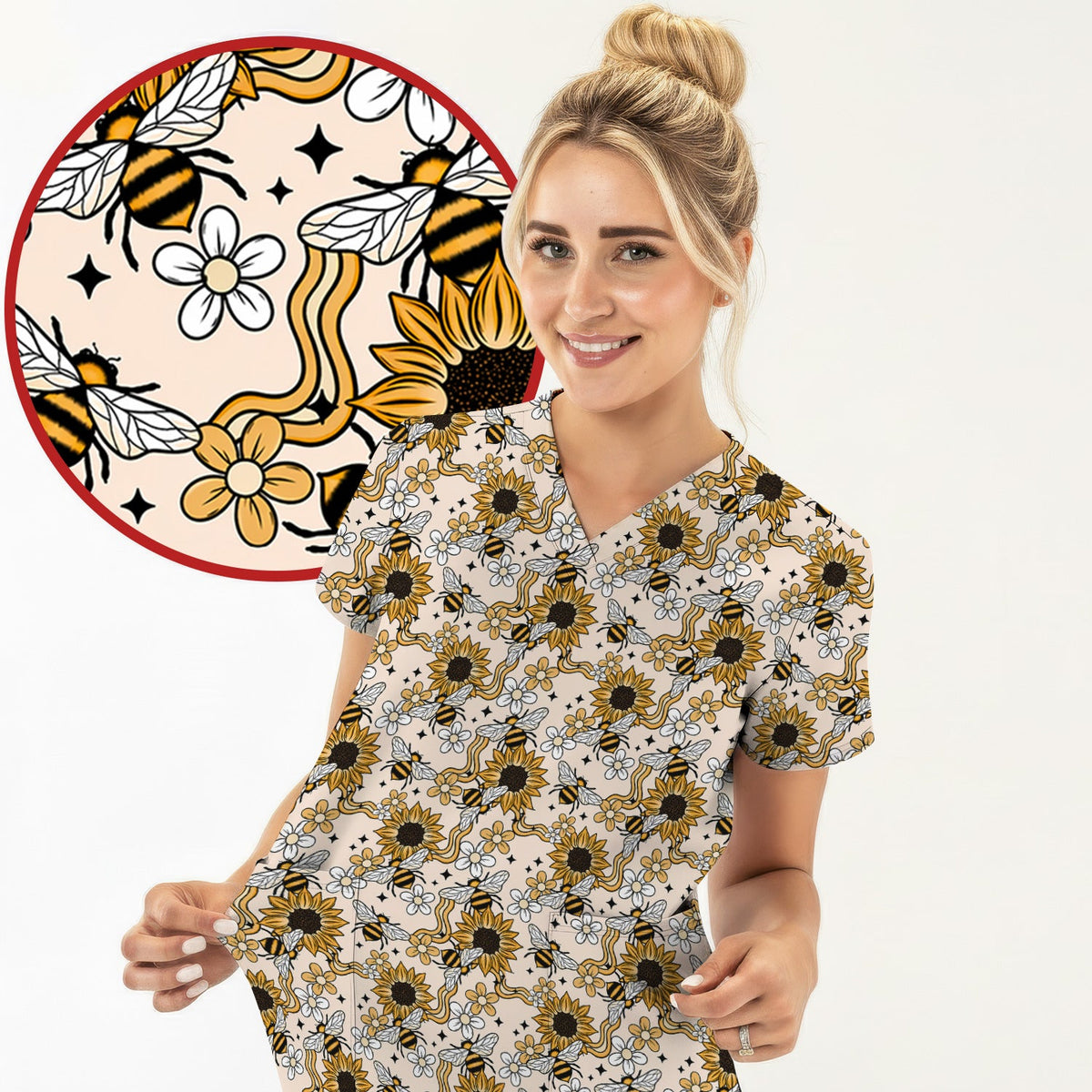Sunflower Honey Bee Floral Nurse Scrub Top