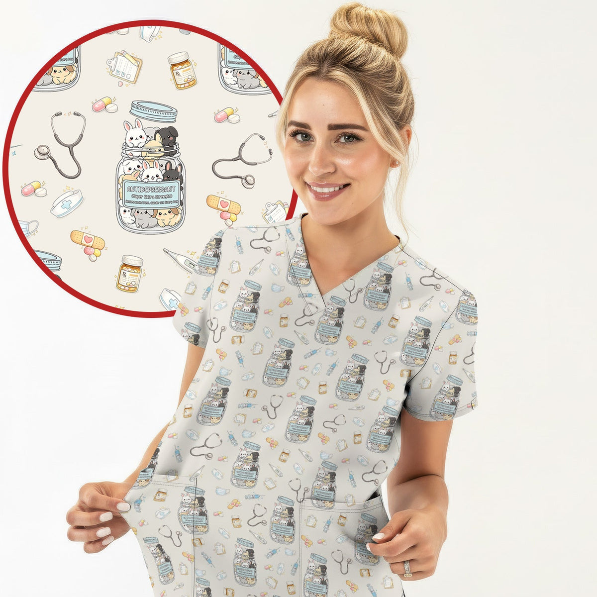 Whimsical Antidepressant Rabbit Jar Nurse Scrub Set