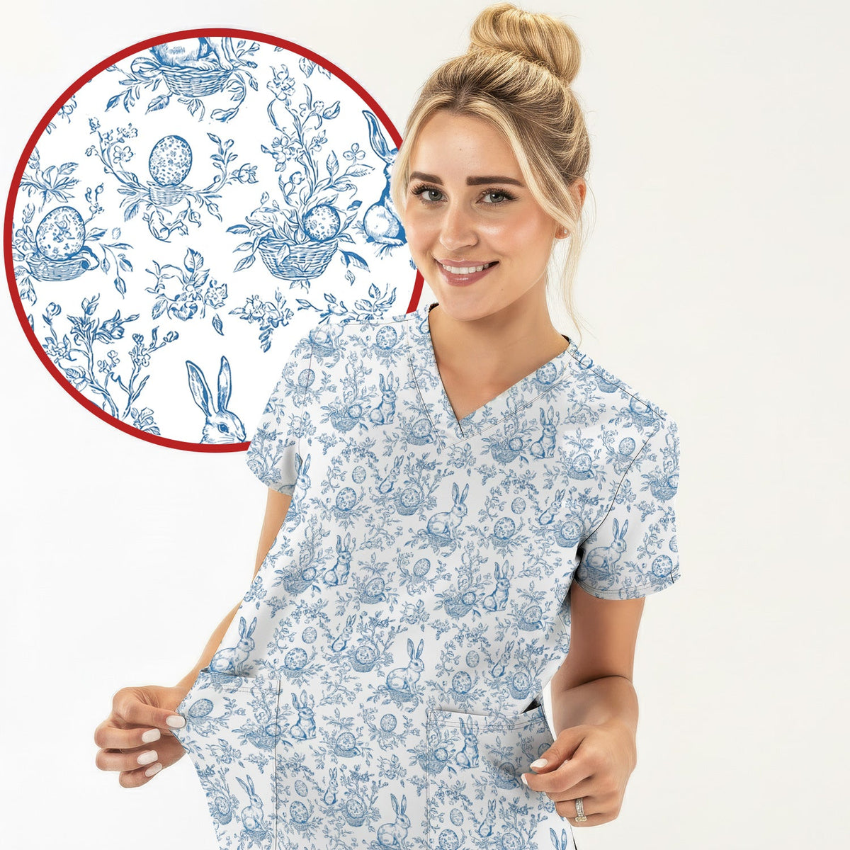 Bunny Floral Egg Toile Nurse Scrub Top - Easter Gift