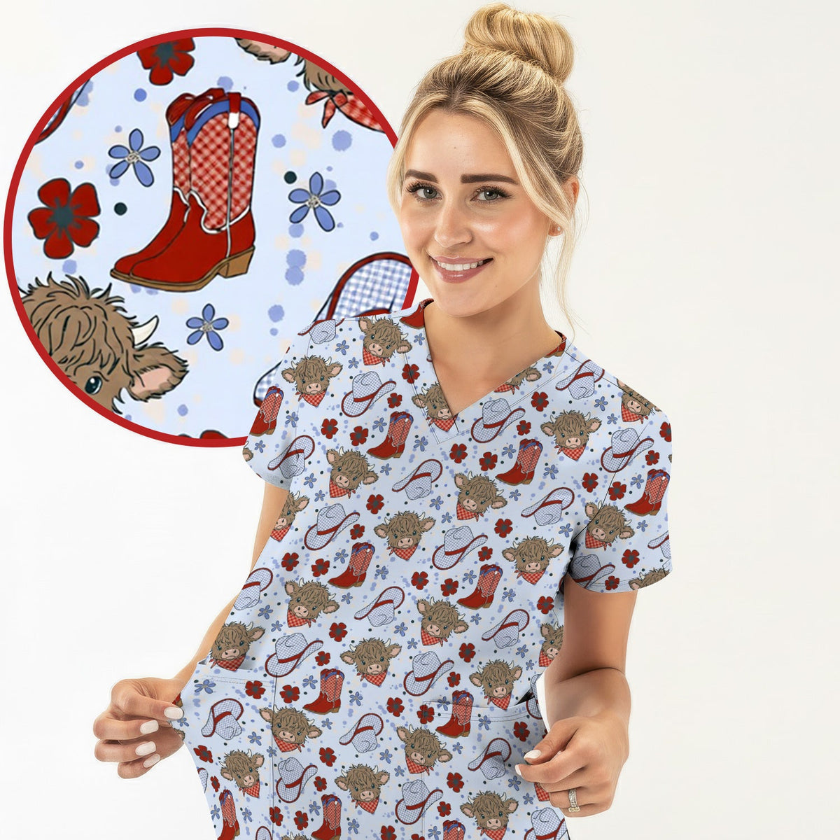 Highland Cow Cowboy Boots Nurse Scrub Top