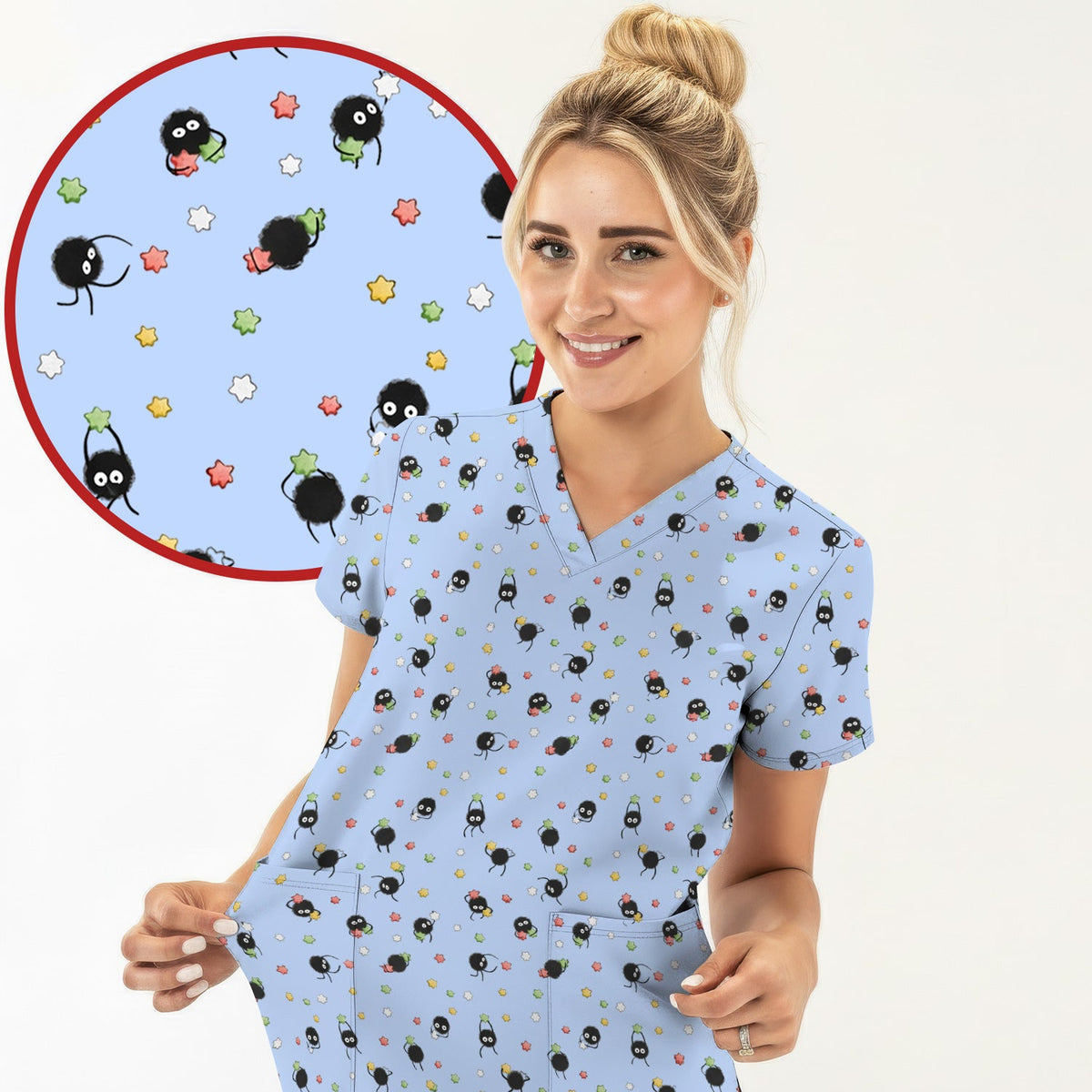 Funny Spider Pattern  Scrub Top, Cartoon Spider Pattern Nursing Uniform For Women
